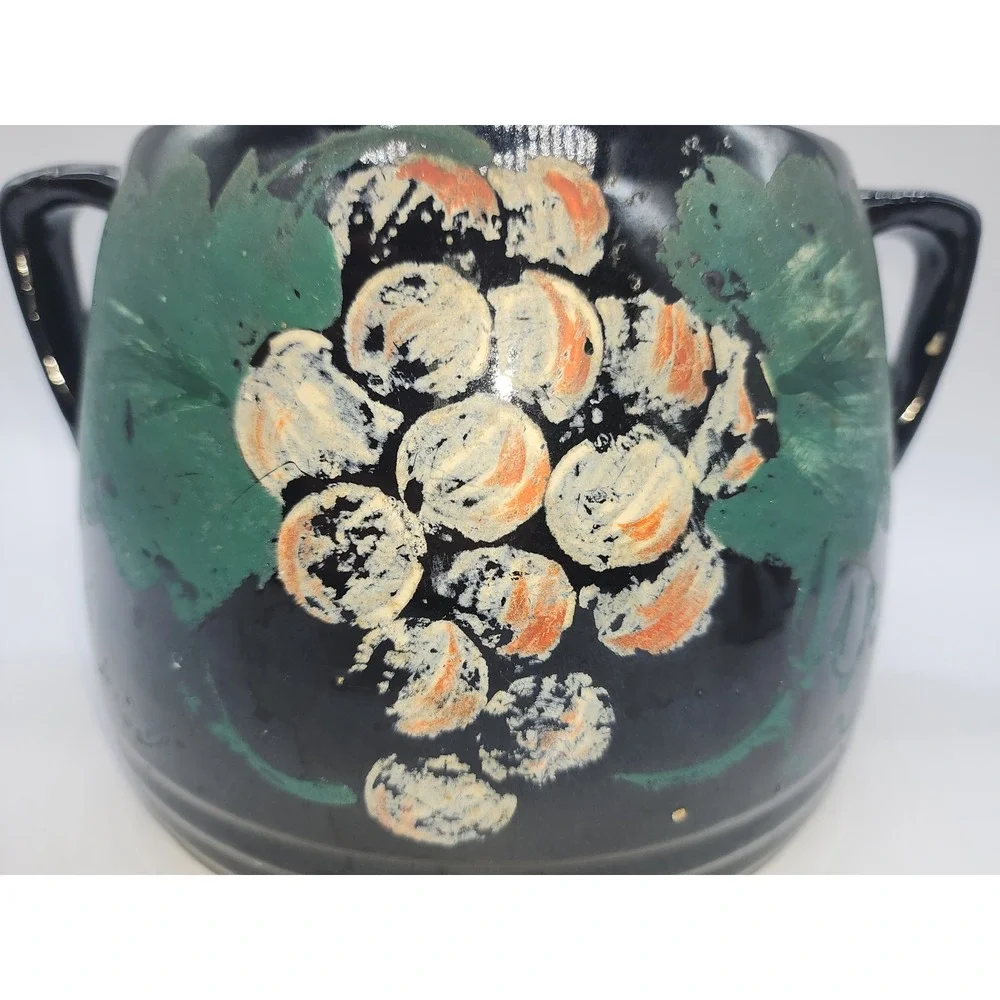 Vintage Hand Painted Ceramic Bean Pot Cookie Jar Black with Grapes and Lid